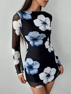 SHEIN Black Mini Dress with Blue & White Floral Print